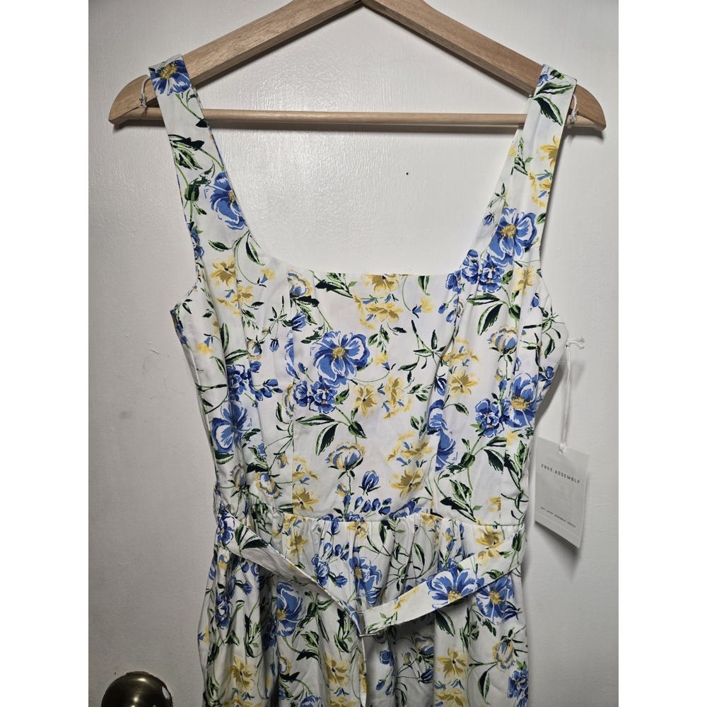 New With Tags Women's Free Assembly Yellow Blue Floral Midi Belted Dress Size XS - Picture 2 of 10